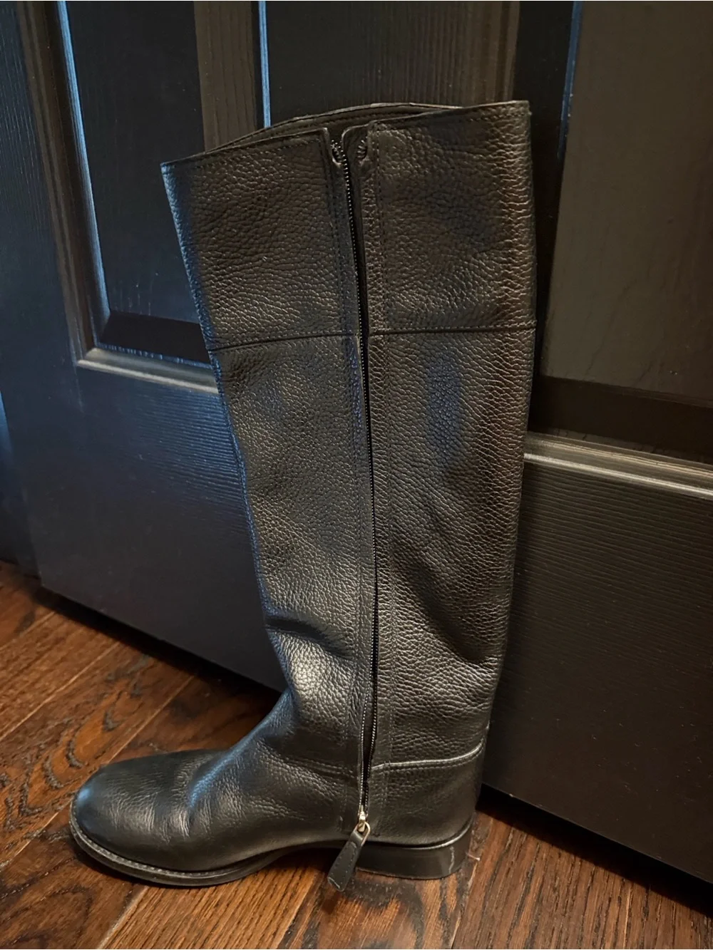 Tory Burch Black Pebbled Leather Over-the-Knee Boot with Gold Logo Accent